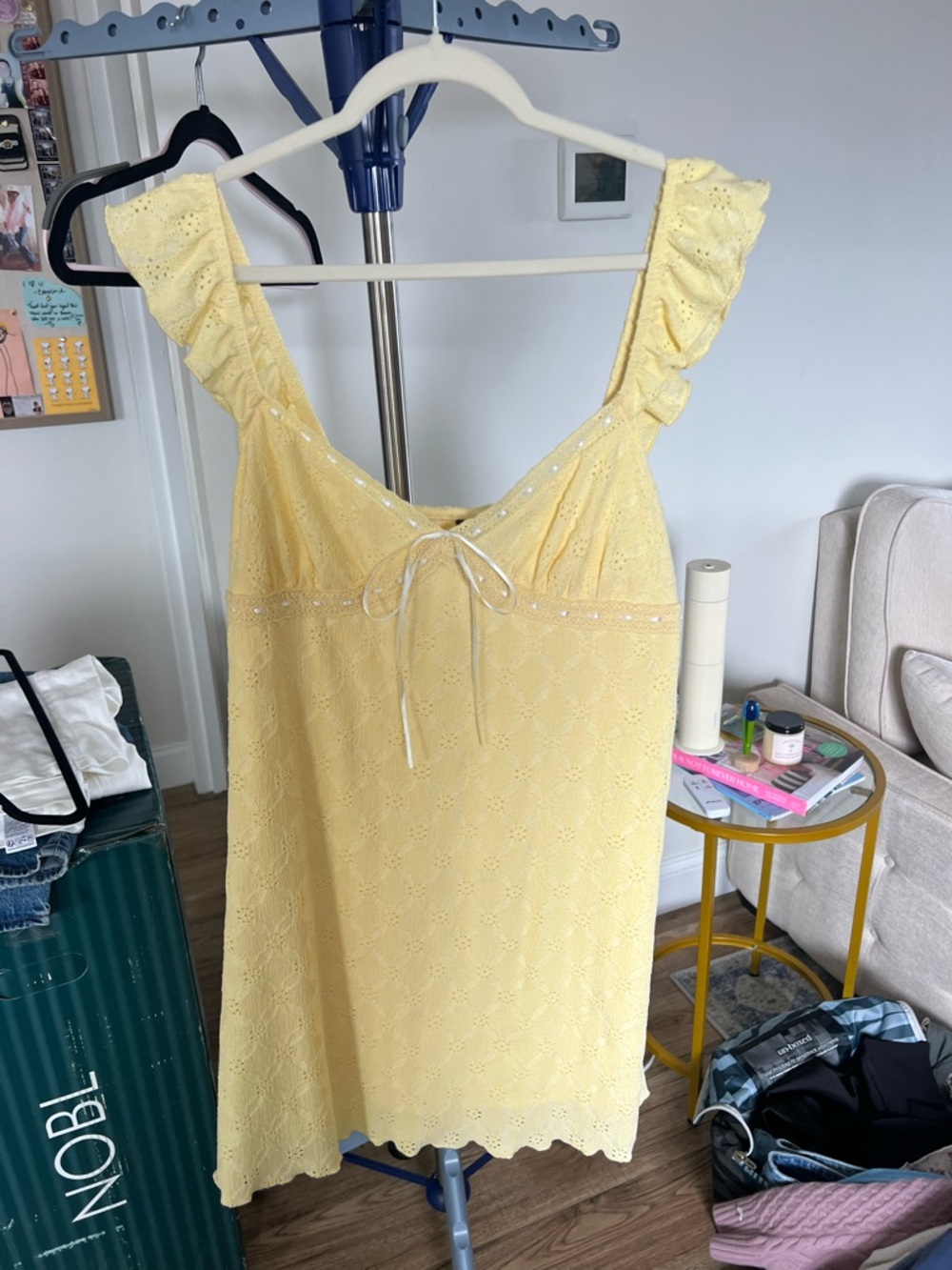 wild fable Pale Yellow Eyelet Ruffle-Shoulder Mini Dress